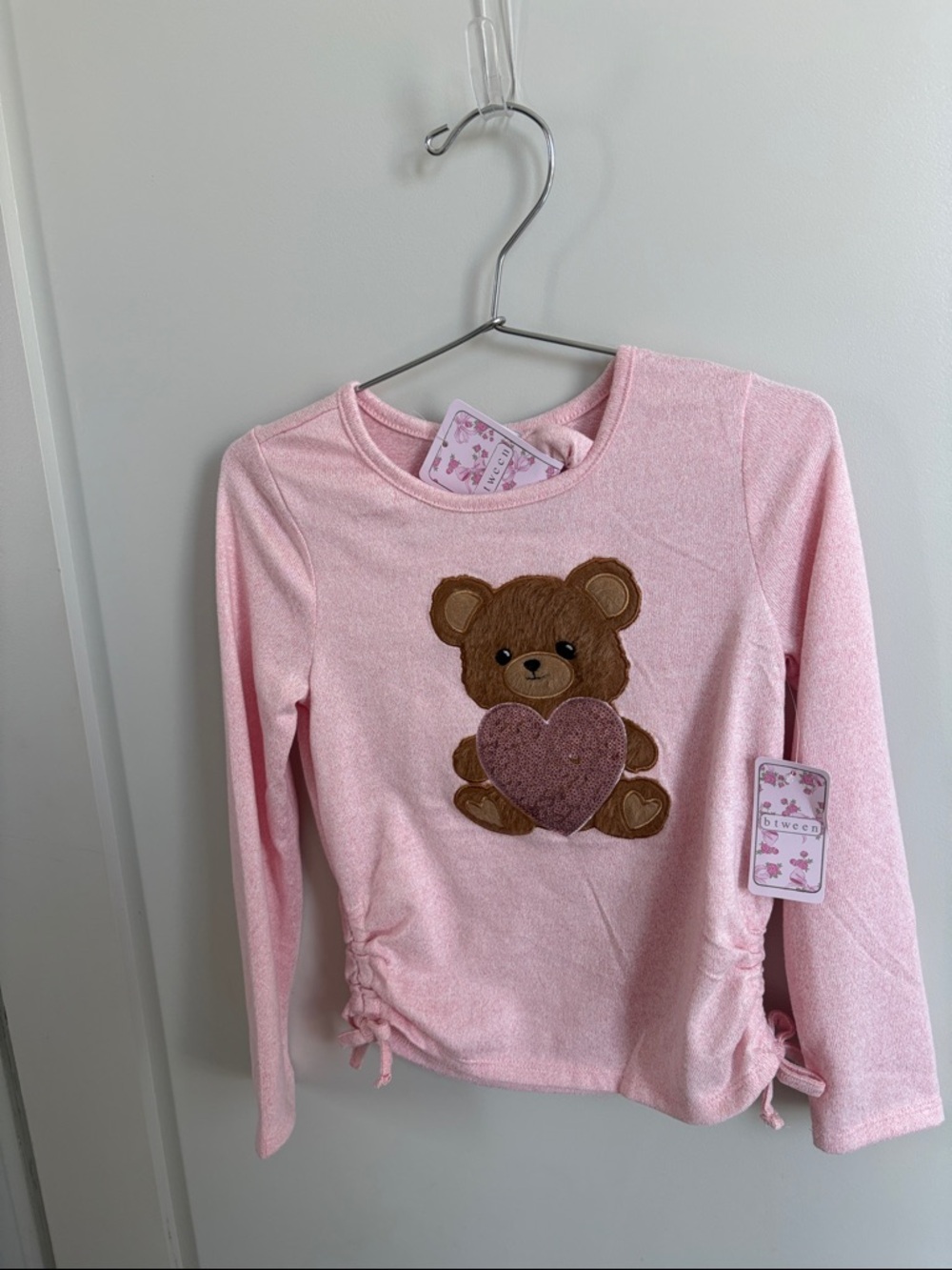 Btween Pink Girls' Teddy Heart Long Sleeve Top with Hair Scrunchie